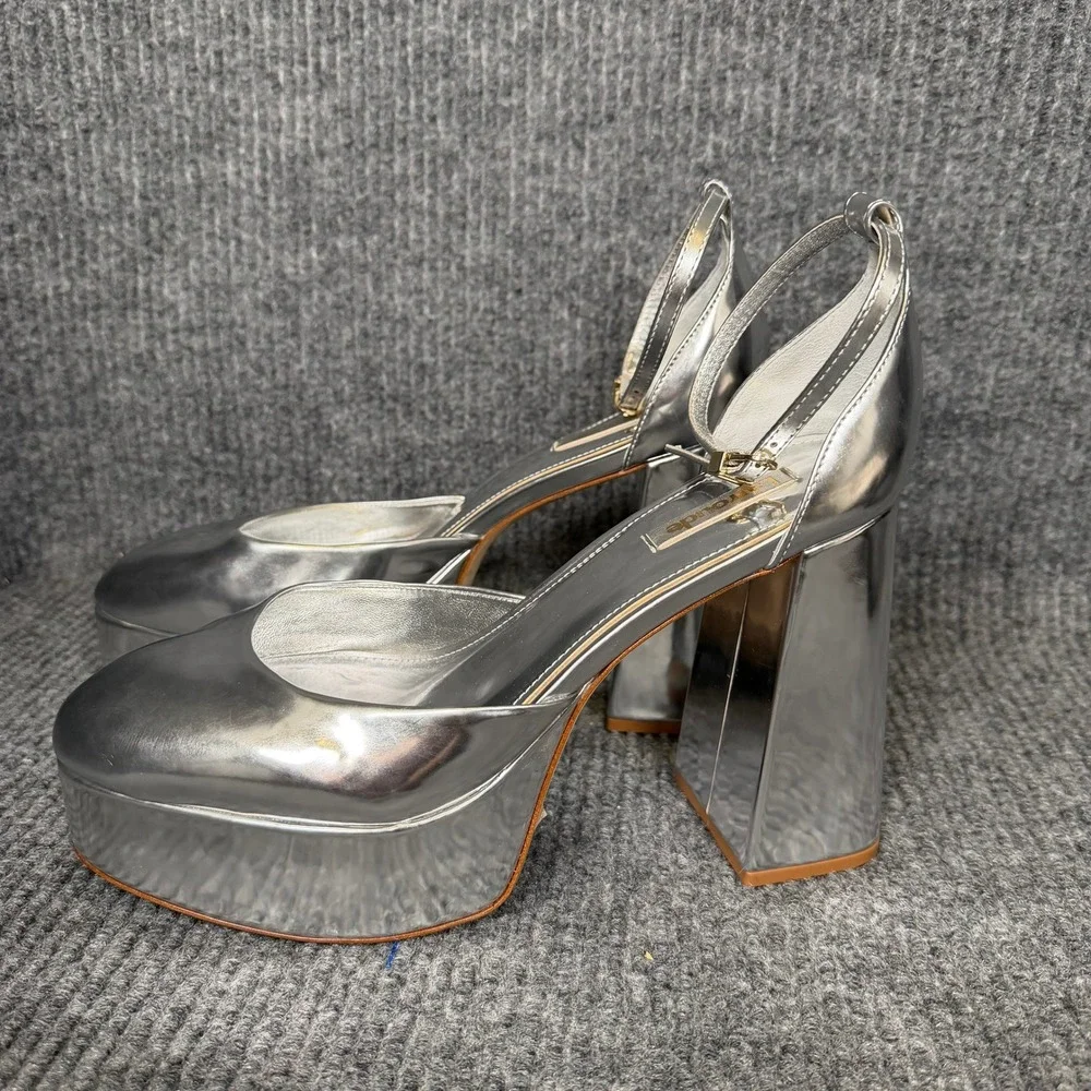 Larroude Ari Platform Pumps Womens 10 Silver Block Heels Strap Retro Handmade